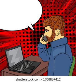 Pop Art Businessman working from home - comic book style, cartoon man in shirt sitting in front of a laptop and speaking on the phone.