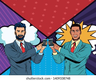 Pop art businessmen presentation comic book background holding and showing smarthphone tech vector illustration graphic design