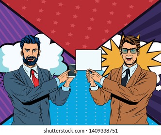 Pop art businessmen presentation comic book background holding smartphone showing blank sign vector illustration graphic design
