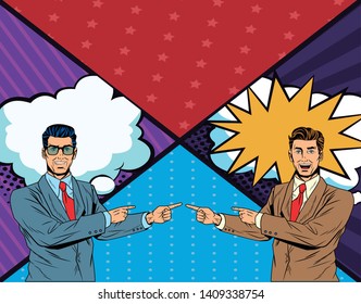 Pop art businessmen presentation comic book background pointing showing each other vector illustration graphic design