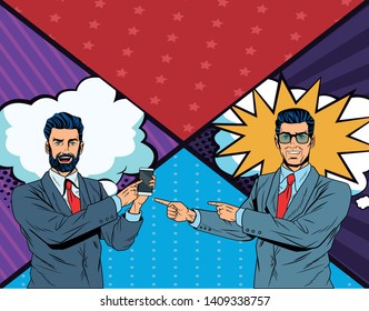 Pop art businessmen presentation comic book background holding smartphone pointing showing tech vector illustration graphic design