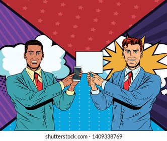 Pop art businessmen presentation comic book background holding showing smartphone and blank sign vector illustration graphic design