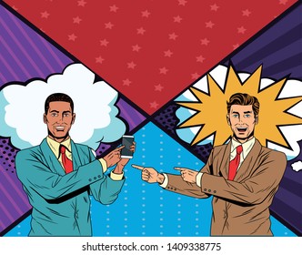 Pop art businessmen presentation comic book background holding smartphone pointing showing tech vector illustration graphic design