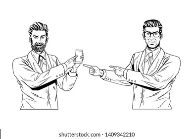 Pop art businessmen presentation holding smartphone pointing showing tech black and white vector illustration graphic design