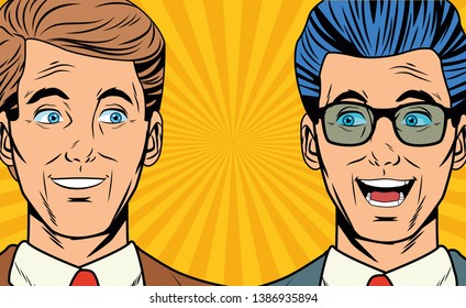 Pop art businessmen smiling faces cartoon