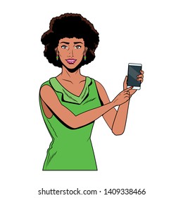 Pop art businesswoman afro in dress with smartphone isolated vector illustration graphic design
