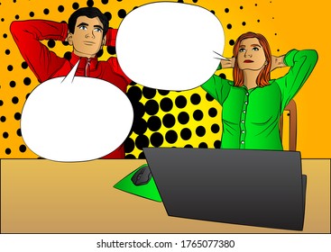 Pop Art Businesswoman and businessman relaxing from working at home - comic book style, calm cartoon woman and man with a laptop. Freelance work in comfortable conditions.