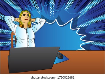 Pop Art Businesswoman relaxing from working at home - comic book style, calm cartoon woman with a laptop. Freelance woman work in comfortable conditions.