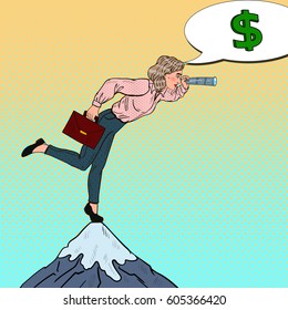 Pop Art Businesswoman with Spyglass on the Peak of the Mountain Looking for Money. Business Strategy. Vector illustration