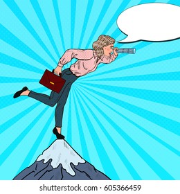 Pop Art Businesswoman with Telescope on the Top of the Mountain. Business Strategy. Vector illustration