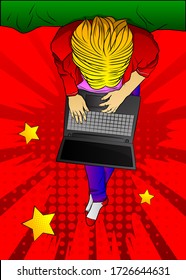 Pop Art Businesswoman working from home - comic book style, cartoon woman with laptop. Freelance woman work in comfortable conditions. Top view illustration.