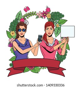 Pop art businesswomen group presentation holding smartphone smartphone and sign with sunglasses floral wreath round frame ribbon banner vector illustration graphic design