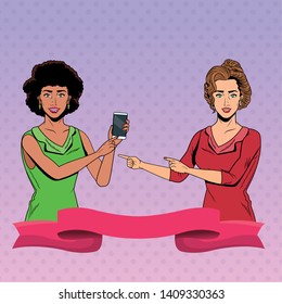 Pop art businesswomen group presentation holding smartphone and hand pointing background ribbon banner vector illustration graphic design