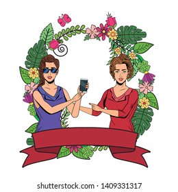 Pop art businesswomen group presentation holding smartphone and hand pointing with sunglasess floral wreath round frame ribbon banner vector illustration graphic design