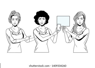 Pop art businesswomen group presentation holding smartphone and blank sign hand pointing black and white vector illustration graphic design