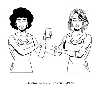 Pop art businesswomen group presentation holding smartphone and hand pointing black and white vector illustration graphic design