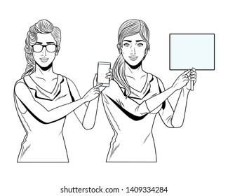 Pop art businesswomen group presentation holding smartphone smartphone and sign with sunglasses black and white vector illustration graphic design