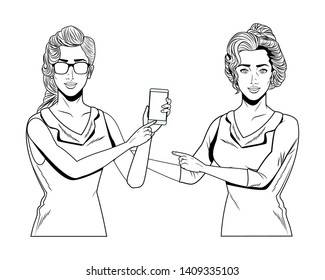 Pop art businesswomen group presentation holding smartphone and hand pointing with sunglasess black and white vector illustration graphic design