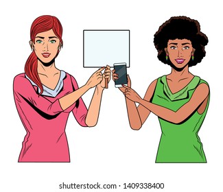 Pop art businesswomen group presentation holding smartphone and blank sign vector illustration graphic design