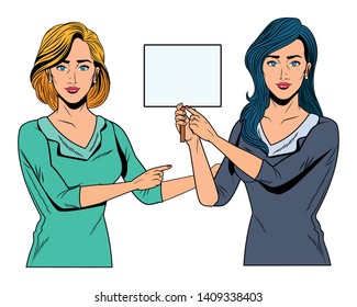 Pop art businesswomen group presentation holding blank sign billboard and pointing vector illustration graphic design