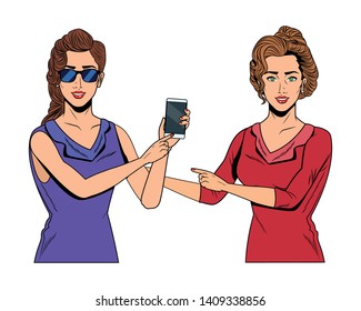 Pop art businesswomen group presentation holding smartphone and hand pointing with sunglasess vector illustration graphic design