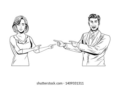 Pop art bussiness group presentation finger pointing at each other black and white vector illustration graphic design