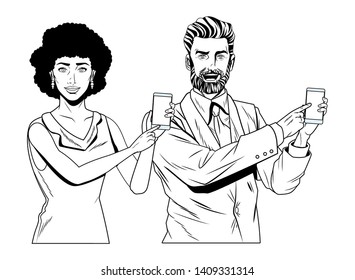 Pop art bussiness group presentation holding showing smartphone black and white vector illustration graphic design