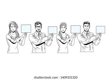 Pop art bussiness group presentation holding showing blank sign billboard black and white vector illustration graphic design