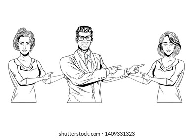 Pop art bussiness group presentation finger pointing at each other black and white vector illustration graphic design