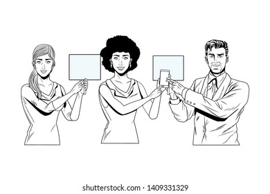 Pop art bussiness group presentation holding showing smartphone and blank sign billboard black and white vector illustration graphic design