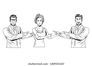 Pop art bussiness group presentation finger pointing at each other black and white vector illustration graphic design