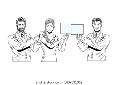 Pop art bussiness group presentation holding showing smartphone and blank sign billboard black and white vector illustration graphic design