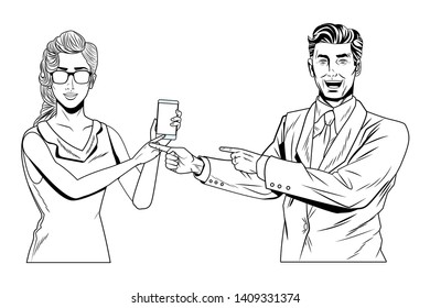 Pop art bussiness group presentation holding showing smartphone and pointing with sunglasses black and white vector illustration graphic design
