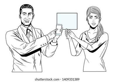 Pop art bussiness group presentation holding showing smartphone and blank sign billboard black and white vector illustration graphic design