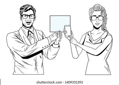Pop art bussiness group presentation holding showing smartphone and blank sign billboard with sunglasses black and white vector illustration graphic design