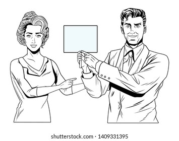 Pop art bussiness group presentation holding showing blank sign billboard and pointing black and white vector illustration graphic design