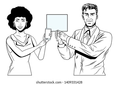 Pop art bussiness group presentation holding smartphone and blank sign billboard black and white vector illustration graphic design