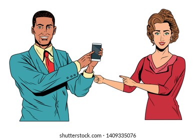 Pop art bussiness group presentation holding showing smartphone and pointing vector illustration graphic design