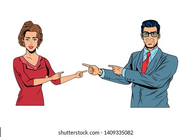 Pop art bussiness group presentation finger pointing at each other vector illustration graphic design