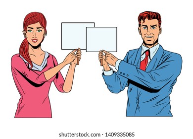 Pop art bussiness group presentation holding showing blank sign billboard vector illustration graphic design