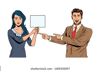 Pop art bussiness group presentation holding showing blank sign billboard and pointing vector illustration graphic design
