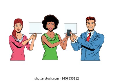 Pop art bussiness group presentation holding showing smartphone and blank sign billboard vector illustration graphic design