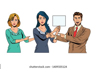 Pop art bussiness group presentation holding showing blank sign billboard and pointing vector illustration graphic design
