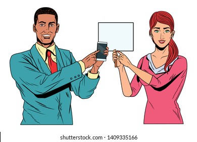 Pop art bussiness group presentation holding showing smartphone and blank sign billboard vector illustration graphic design