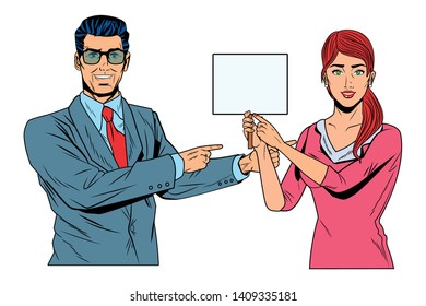Pop art bussiness group presentation holding showing blank sign billboard and pointing vector illustration graphic design