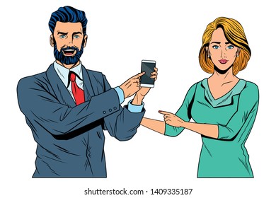 Pop art bussiness group presentation holding showing smartphone and pointing vector illustration graphic design