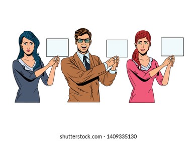 Pop art bussiness presentation holding showing blank sign billboard vector illustration graphic design