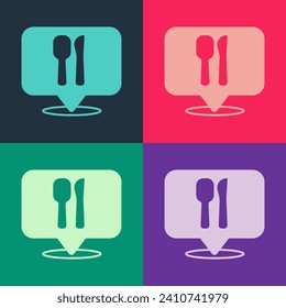 Pop art Cafe and restaurant location icon isolated on color background. Fork and spoon eatery sign inside pinpoint.  Vector.