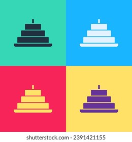 Pop art Cake with burning candles icon isolated on color background. Happy Birthday.  Vector