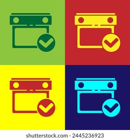 Pop art Calendar with check mark icon isolated on color background.  Vector
